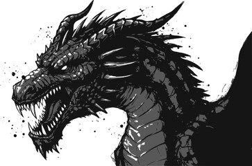 Black and white cartoon dragon illustration with fierce expression and grunge design elements.
