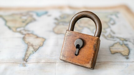 Global security depicted by a vintage lock on a world map.