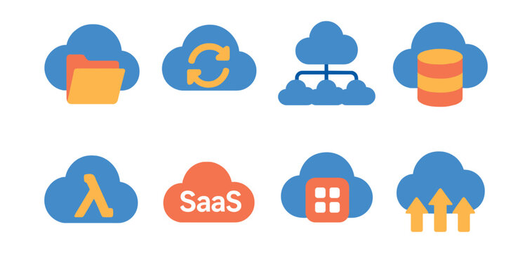 Set of cloud icons: folder, sync, network, database, Lambda, SaaS, grid, upload.