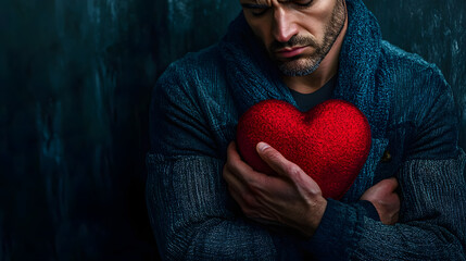 Heartbroken man clutching a red heart symbolizing emotional pain from love and relationship issues