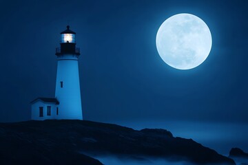 Moonlit lighthouse on a rocky coastline at night.