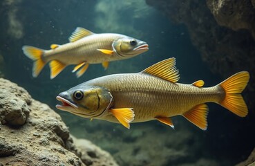 Fototapeta premium Dorado Salminus brasiliensis fish swim in water. Golden color fish underwater. Predator fish. Tropical animal in river, ocean. Water world. Wildlife photography. Aquatic environment.