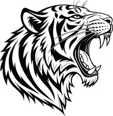 Roaring Tiger Head Tattoo-Inspired Line Art in Black and White

