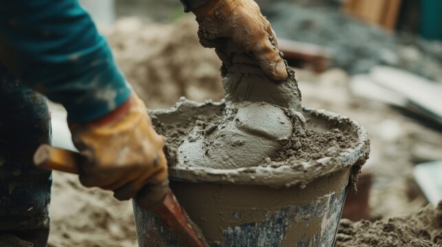 Builder mixing mortar at a construction site. Featuring teamwork and effort