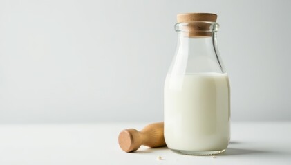 Glass bottle, fresh milk, wooden stopper, white background, vintage, farm, dairy