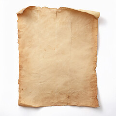 Old parchment paper. Vintage sheet, aged texture. Isolated on white background. Mock-up.