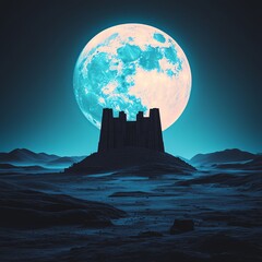 Mystical castle silhouette under full moon