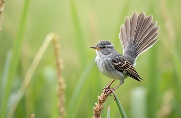 Fototapeta premium Barred warbler bird perched plant stem. Male bird spreads tail feathers. Ornithology, wildlife photography in natural outdoor environment. Spring season, european fauna. Animal portrait in forest.