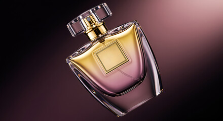 Elegant perfume bottle with golden liquid and pink hue for beauty salon, luxurious scents, romantic gift, festive sale promotion.