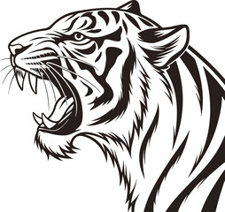 Roaring Tiger Head Tattoo-Inspired Line Art in Black and White

