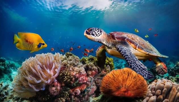 farbenfrohes Korallenriff voller tropischer Fische, Meeresschildkr&ouml;ten und schwankender Anemonen