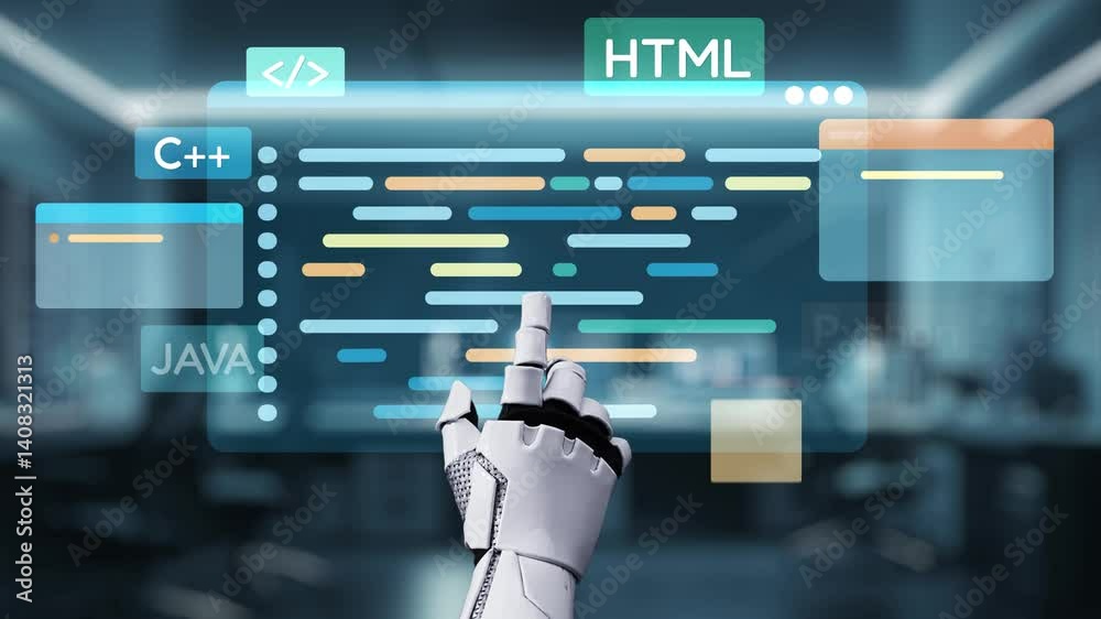 Poster a robotic hand engages with a colorful digital code interface that features popular programming lang