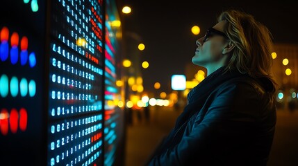 Woman contemplates a dynamic display of digital information at night.