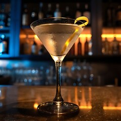 Close up of a martini glass with a lemon twist on a bar top with a blurred background of bottles