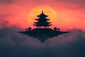 Silhouette of a pagoda against a vibrant sunset.