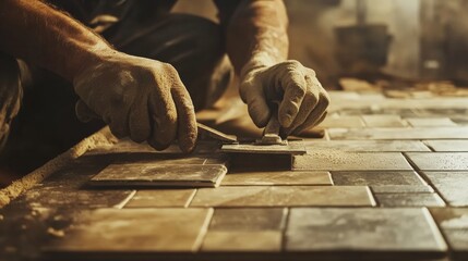 Tile setter laying ceramic tiles on the bathroom floor. Featuring attention to detail and craftsmanship