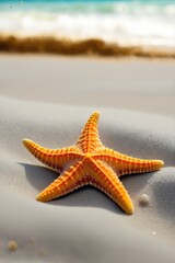A vibrant close up captures the textured surface of a starfish against a blurred, sun drenched beach scene