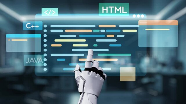 A robotic hand engages with a colorful digital code interface that features popular programming languages, set in a sleek, high-tech workspace focused on innovation. Auvana