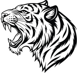 Roaring Tiger Head Tattoo-Inspired Line Art in Black and White

