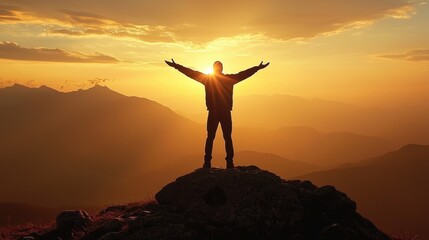 Fototapeta premium Sunset silhouette of a person on a mountain celebrating nature's beauty during golden hour