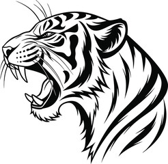 Roaring Tiger Head Tattoo-Inspired Line Art in Black and White

