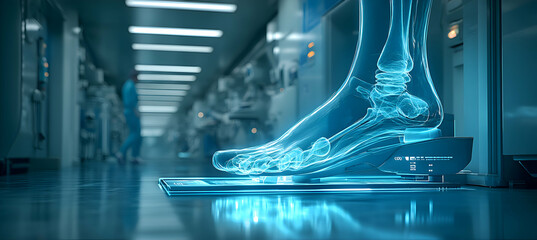 Podiatry: A digital foot pressure analyzer set on the right side in clear detail, with the rest of the canvas rendered as an expansive, softly defocused backdrop