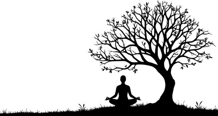 Silhouette of a person meditating under a tree, symbolizing peace and mindfulness in nature.
