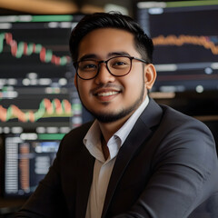 Fototapeta premium Smiling man in business attire, financial data in background