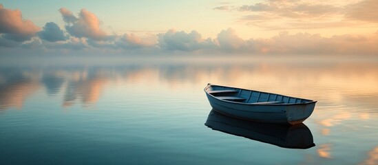 A lone boat floats gently on a calm body of water