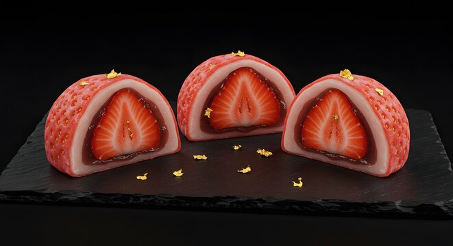 A trio of strawberry mochi arranged artistically on a sleek black slate, each piece showcasing a slightly different shape to highlight their handmade nature. The outer layer is translucent, revealing.