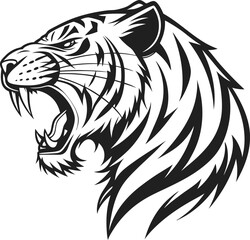 Roaring Tiger Head Tattoo-Inspired Line Art in Black and White

