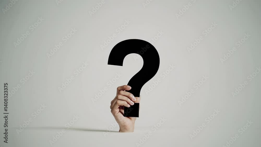 Aufkleber multiple shots of a hand holding a large black question mark against a seamless white background, sy