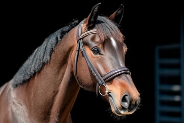 Fototapeta premium A strong, elegant horse poses in a stable, sunlight highlighting its shiny coat and detailed bridle. The surroundings suggest a tranquil and nurturing equestrian environment