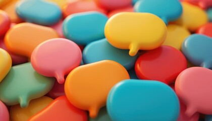 Colorful speech bubbles arranged in a row. Vibrant colors of red yellow blue green and orange creating a sense of communication. Ideal for discussing ideas thoughts and dialogue in creative design.