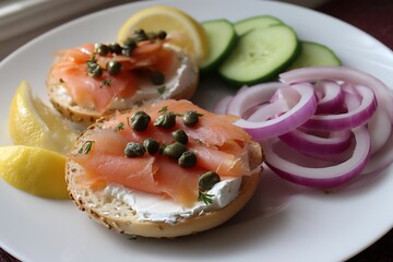 Cream Cheese Bagel Salmon Capers Cucumber Breakfast Design Image Template  
