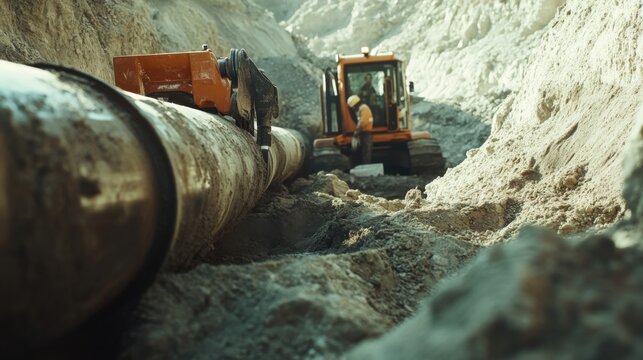 Pipelayer securing underground water pipes. Featuring accuracy and coordination