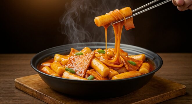 Spicy tteokbokki being served with chopsticks in a steamy bowl  