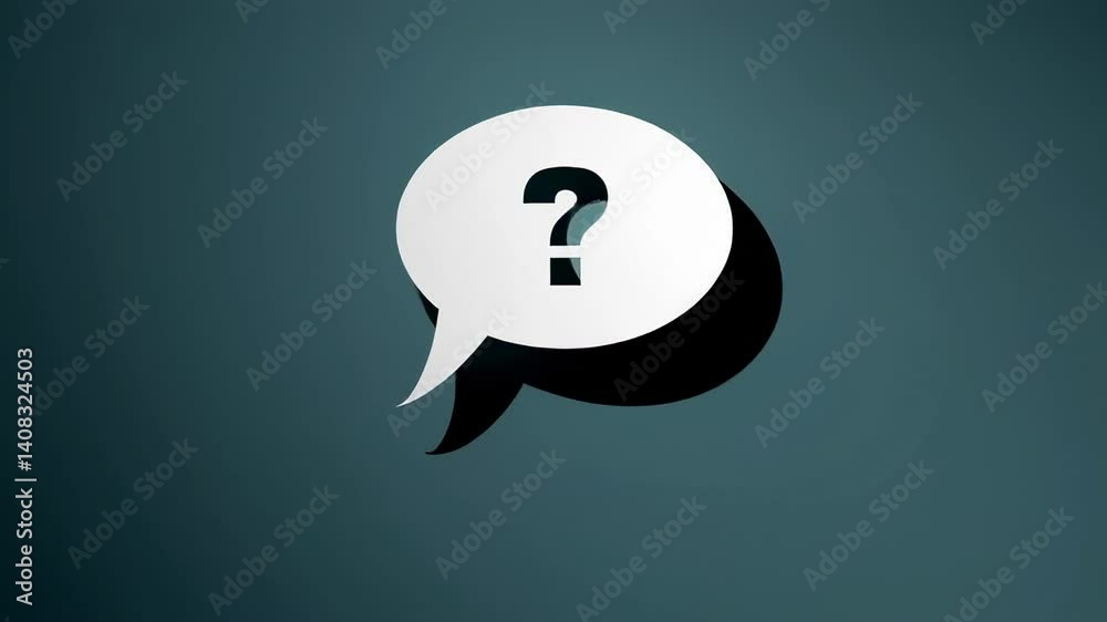 Poster Seamless looping animation of a white question mark bouncing inside a speech bubble on a teal background, symbolizing uncertainty, inquiry, and the search for answers