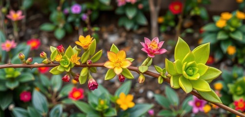 Obraz premium Vibrant succulent branch, colorful flowers & leaves, garden setting, growth, colorful