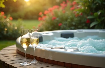 Hot tub with champagne glasses in garden. Bubbling water, relaxation, vacation. Luxury resort, spa, wellness. Romantic getaway, leisure time. Outdoor, summer, nobody.