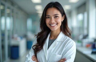 Portrait of smiling young Asian woman in white lab coat. Confident healthcare professional poses with crossed arms. Happy doctor at clinic hospital. Medical, dental, lab, science health care theme.