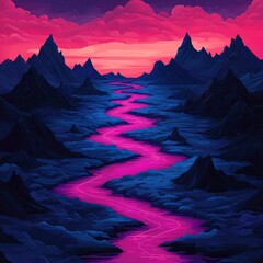 Vivid river flowing through dark mountains at dusk.