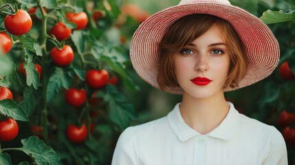 Woman in garden surrounded by ripe tomatoes.