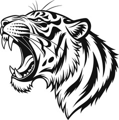 Roaring Tiger Head Tattoo-Inspired Line Art in Black and White

