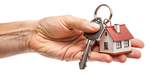 hand holding house keys with keychain isolated on white background PNG. GENERATIVE AI