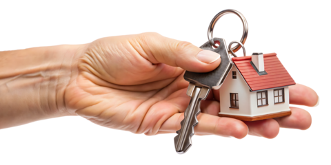 hand holding house keys with keychain isolated on white background PNG. GENERATIVE AI