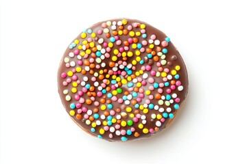 A chocolate donut with colorful sprinkles on a white background viewed from directly above it is centered