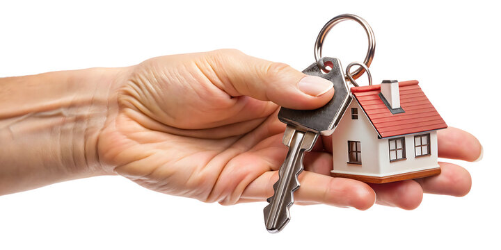 hand holding house keys with keychain isolated on white background PNG. GENERATIVE AI