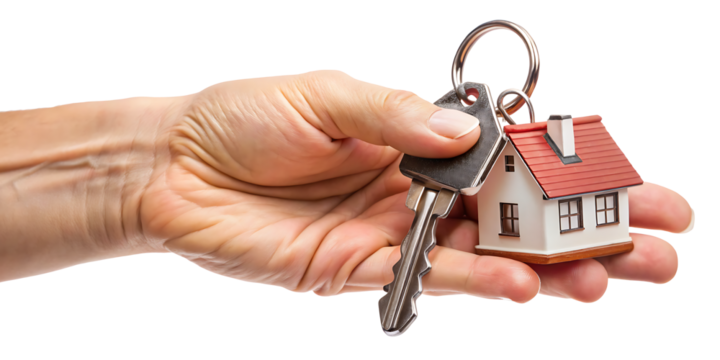 hand holding house keys with keychain isolated on white background PNG. GENERATIVE AI