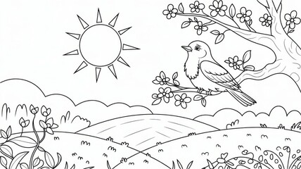 Spring Song: A charming black and white illustration depicts a bird perched on a branch, surrounded by delicate blossoms under a radiant sun, capturing the essence of spring.
